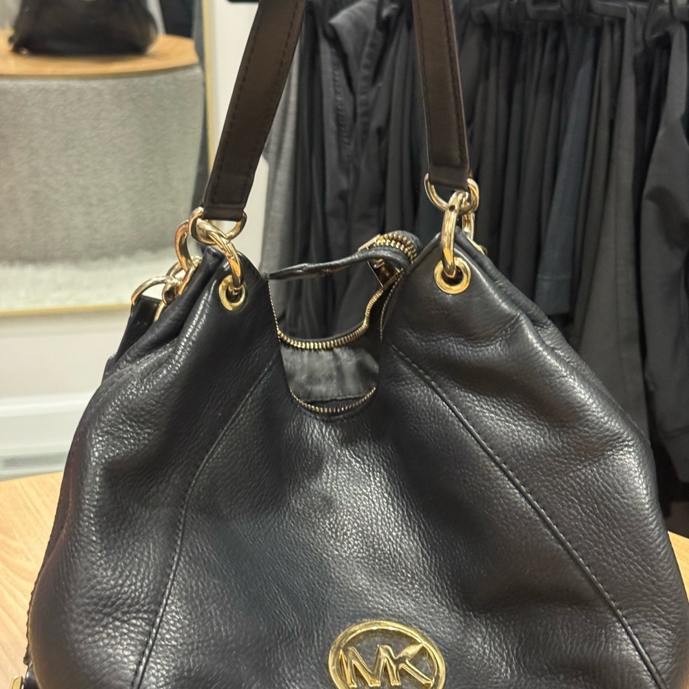 Michael Kors Black Leather Shoulder Bag with Gold Accents